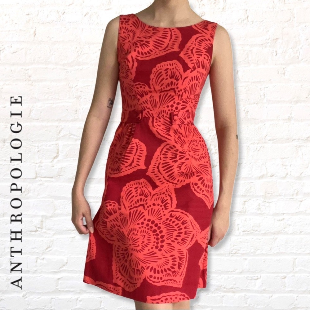 Anthropologie Tabitha Floral Sleeveless Sheath Dress Size 12 Coral Red Cotton